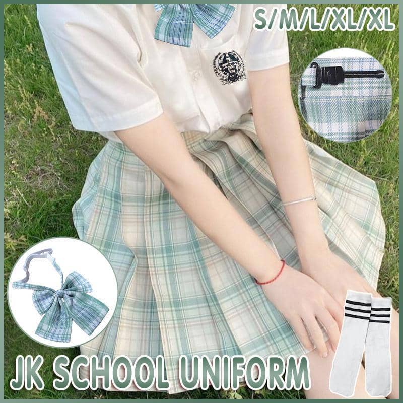 Pleated School Skirt, High Waist Mint Green Plaid - Size S (Skirt Length 43 cm) - view 2