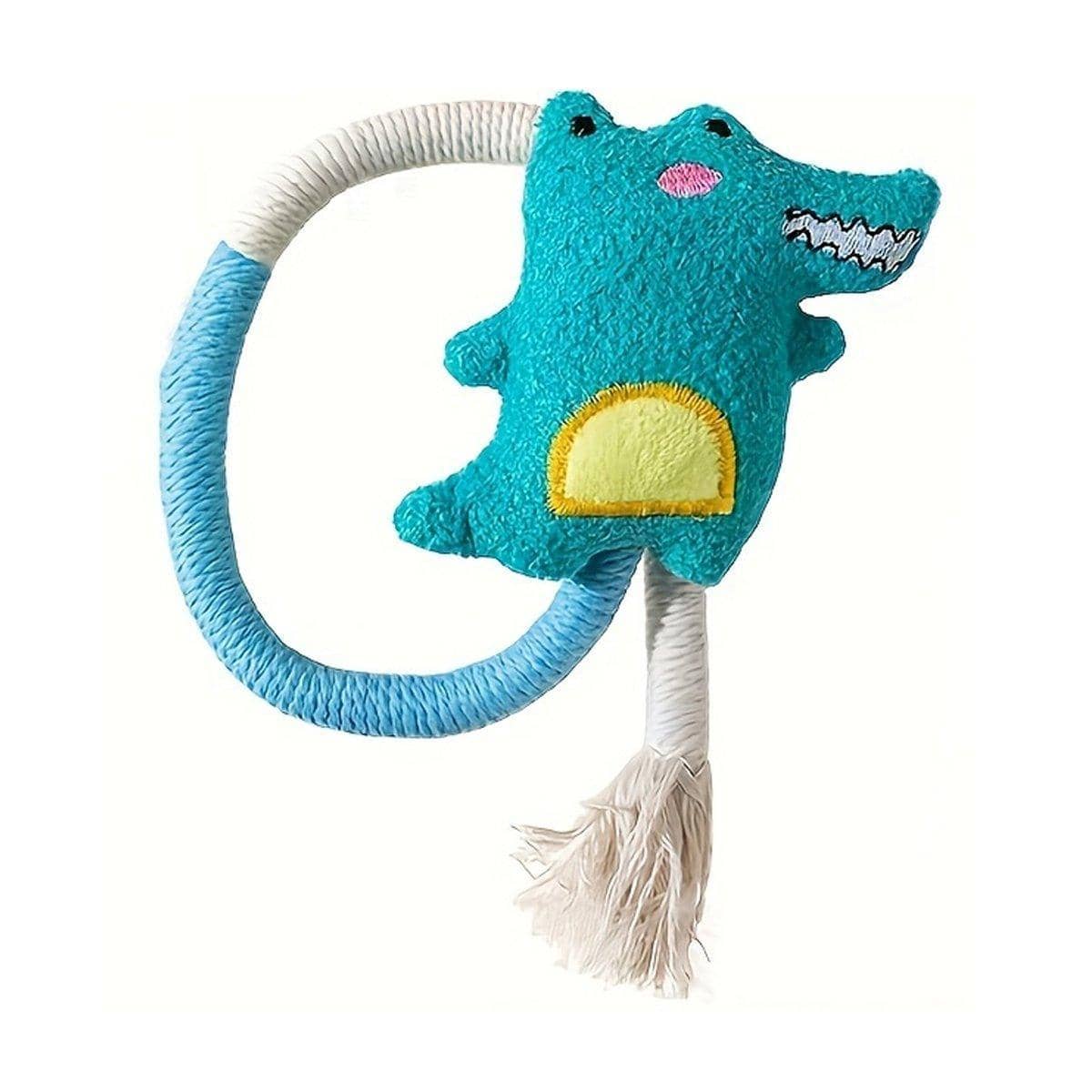Plush Cat Toy with Cotton Rope and Catnip Sachet - Teal Dinosaur