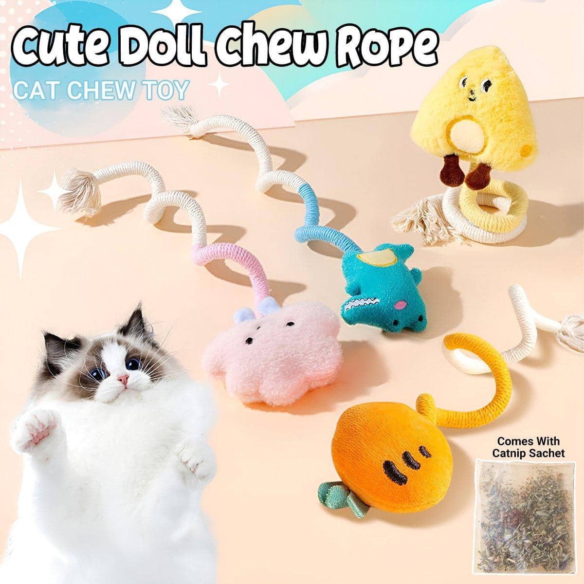 Plush Cat Toy with Cotton Rope and Catnip Sachet - Teal Dinosaur - view 2
