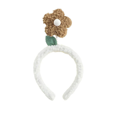 Plush Flower Headband with Lamb Wool Trim - Khaki