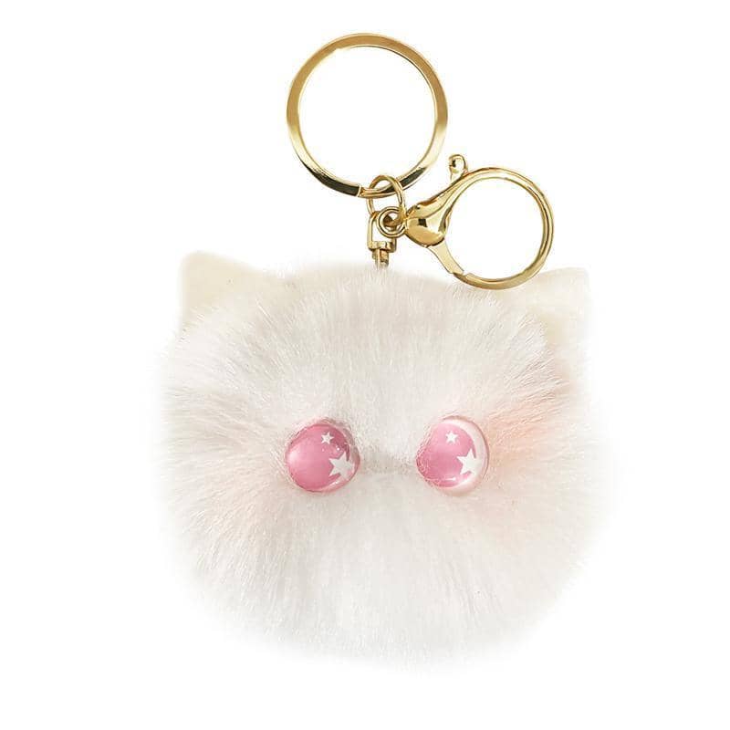 Plush Kitten Head Keychain with Rabbit Hair Pompom for Bags - White and Pink