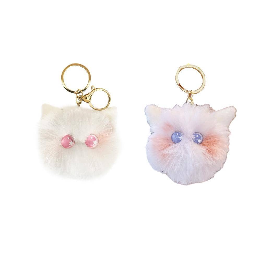 Plush Kitten Head Keychain with Rabbit Hair Pompom for Bags - White and Pink - view 3