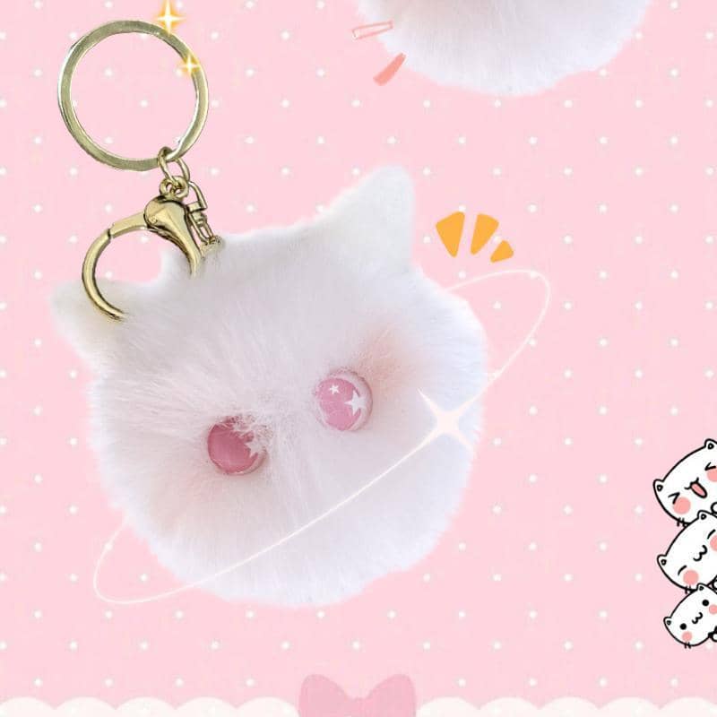 Plush Kitten Head Keychain with Rabbit Hair Pompom for Bags - White and Pink - view 4