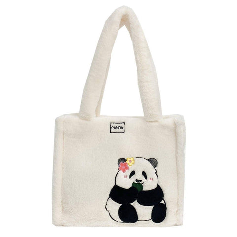 Plush Panda Shoulder Bag, Embroidered Panda and Flowers - Cream