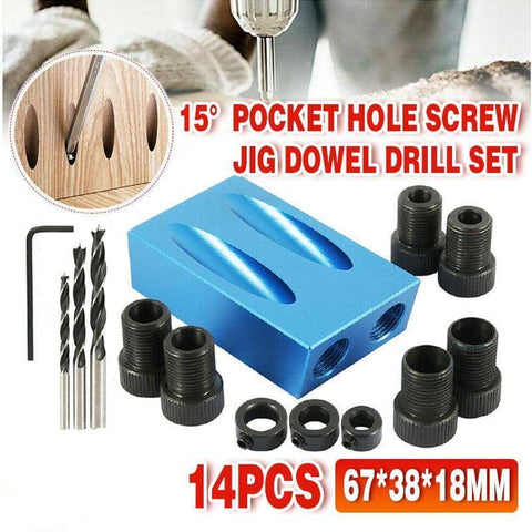 Pocket Hole Screw Jig Kit, Set of 14 with 15 Degree Angle and Dowel Drill