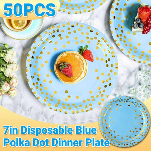 Polka Dot Blue Disposable Dessert Plates, 50 Pack, 7 Inch (17.8cm)