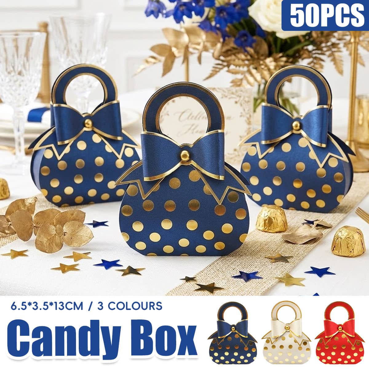 Polka Dot Handbag Candy Boxes with Gold Bow, Pack of 50 - Red - view 2