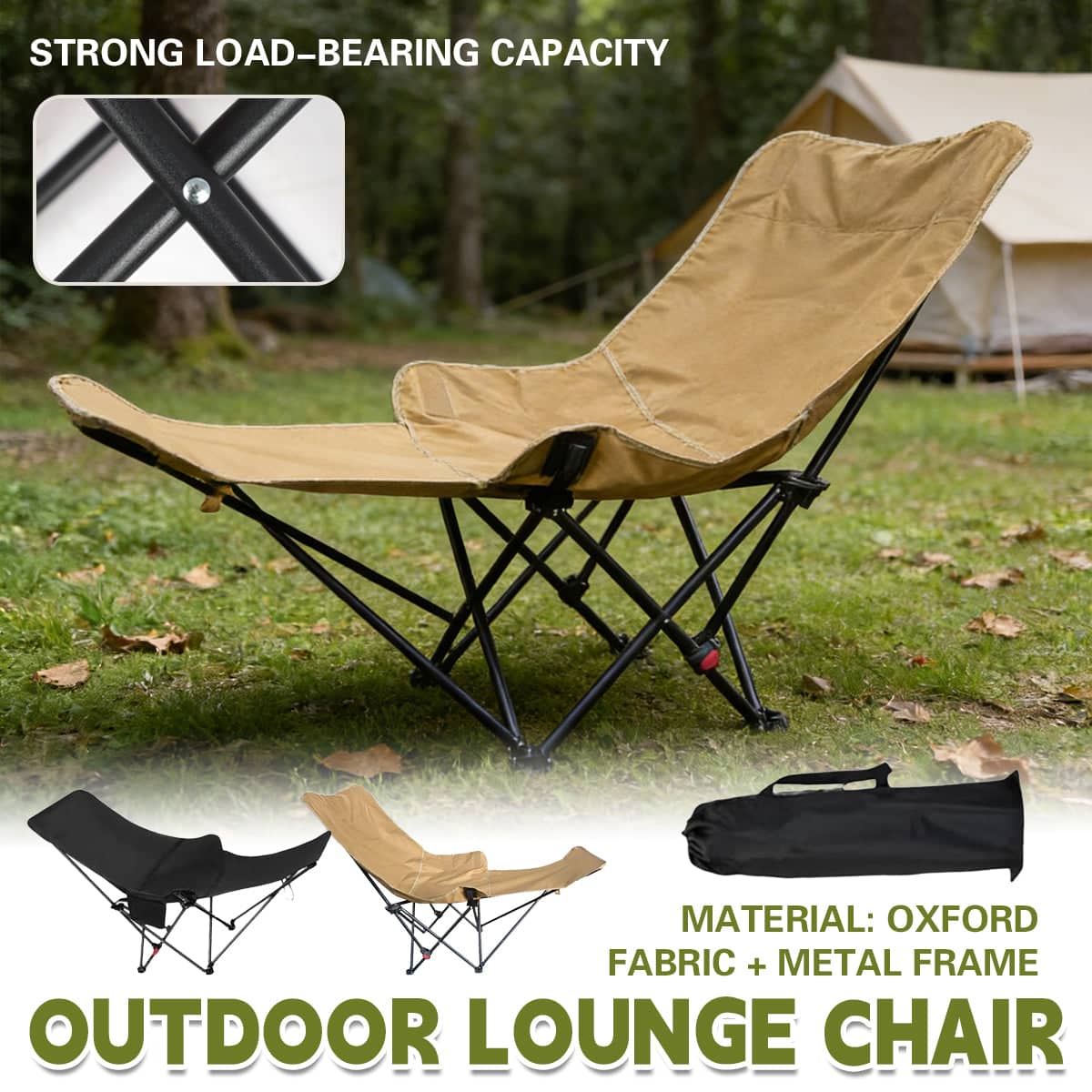 Portable Folding Adjustable Camping Recliner Chair - Khaki - view 2