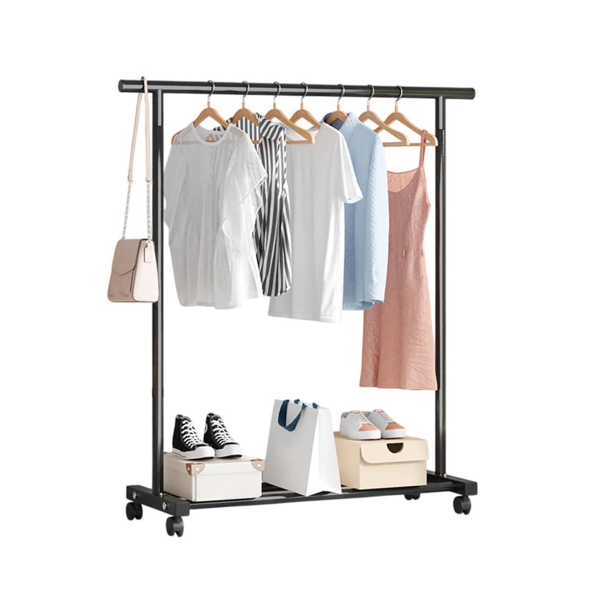 Portable Iron Clothes Rack with Wheels for Entryway and Bedroom - Black
