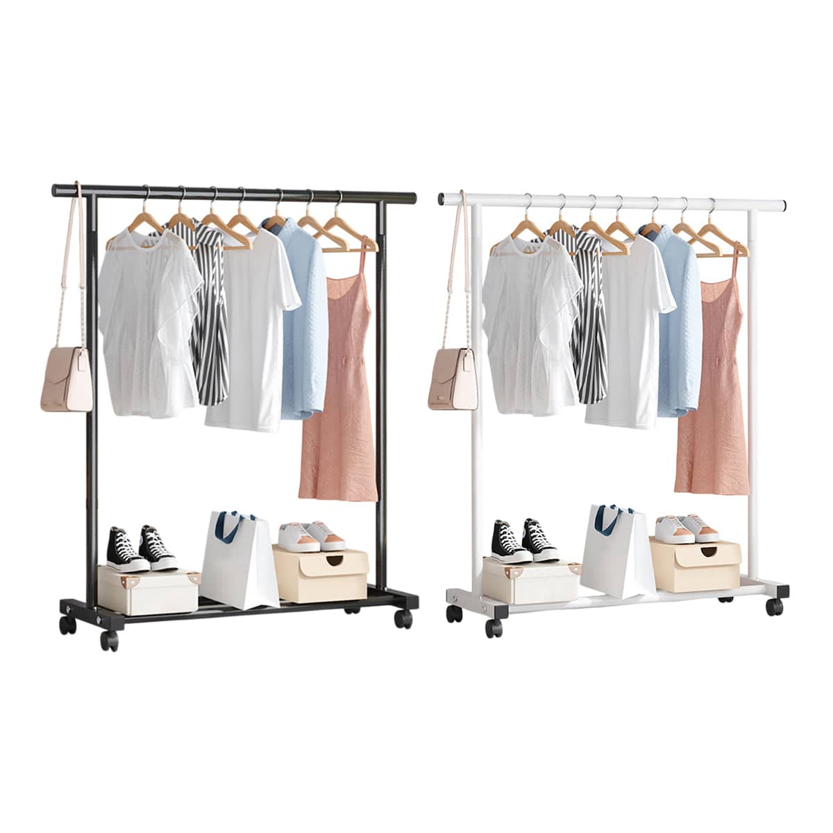 Portable Iron Clothes Rack with Wheels for Entryway and Bedroom - Black - view 3