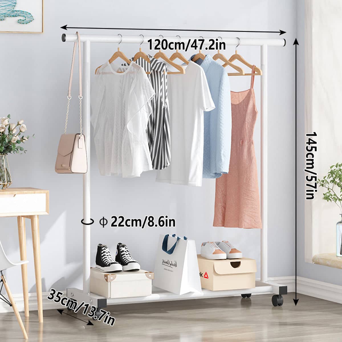 Portable Iron Clothes Rack with Wheels for Entryway and Bedroom - Black - view 4