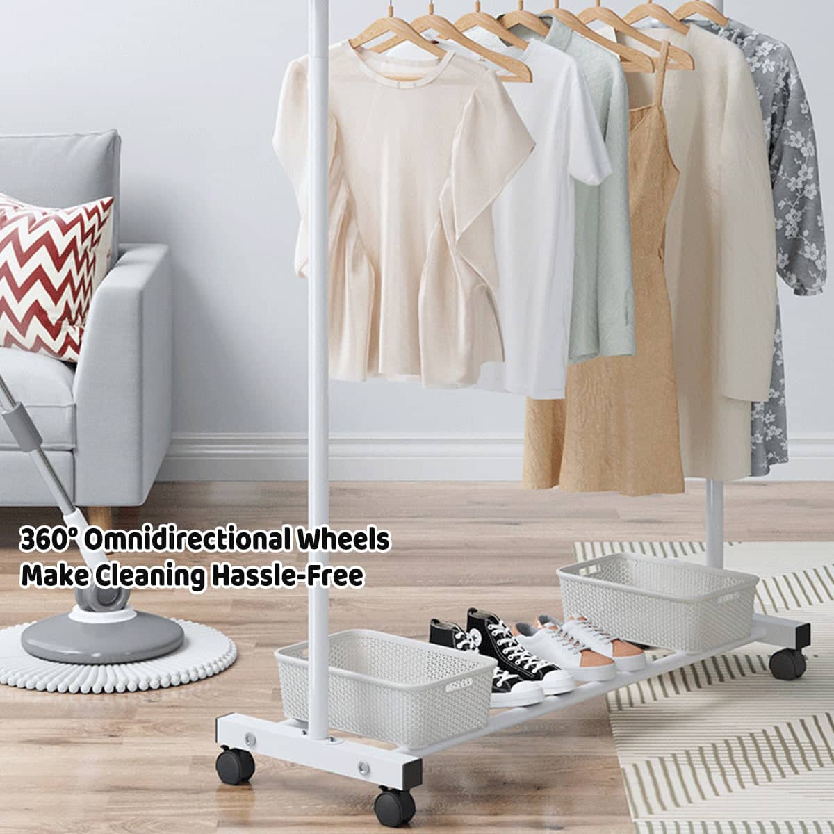 Portable Iron Clothes Rack with Wheels for Entryway and Bedroom - Black - view 5