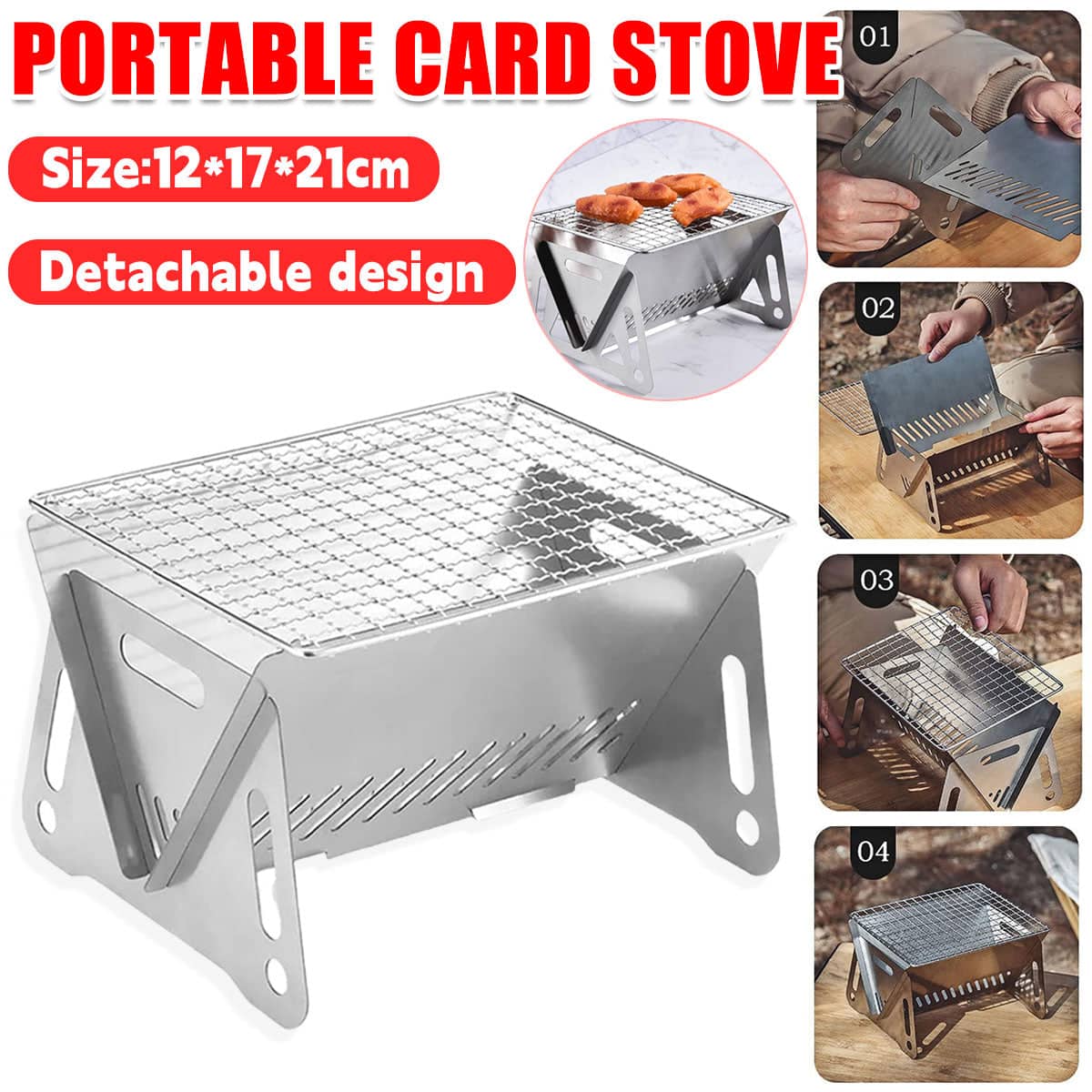 Portable Stainless Steel Camping BBQ Grill, Foldable Mini Charcoal Stove