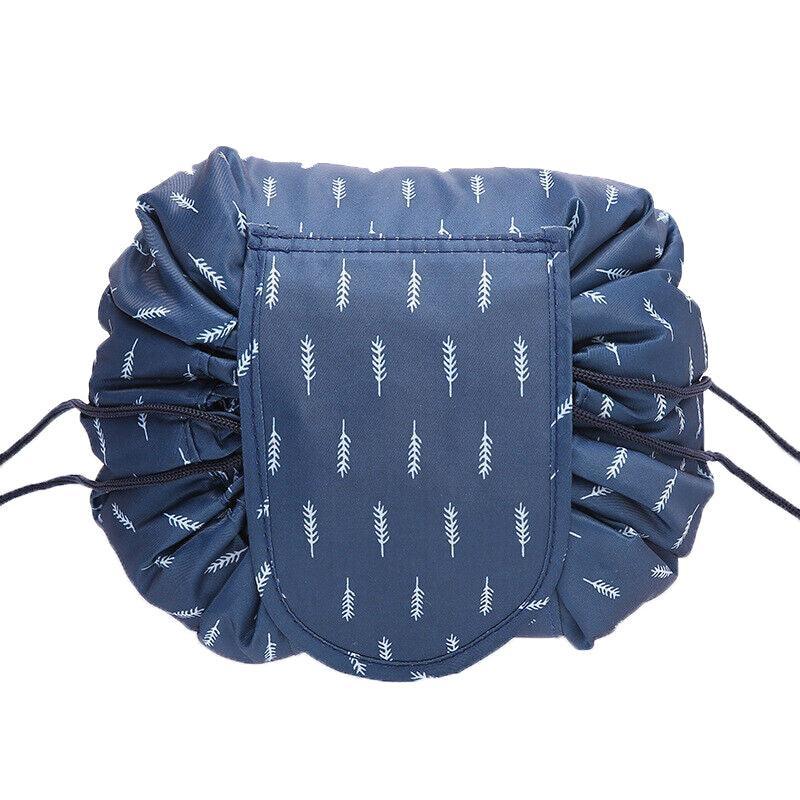 Portable Travel Makeup Bag Drawstring Cosmetic Pouch Organiser - Blue White Feather
