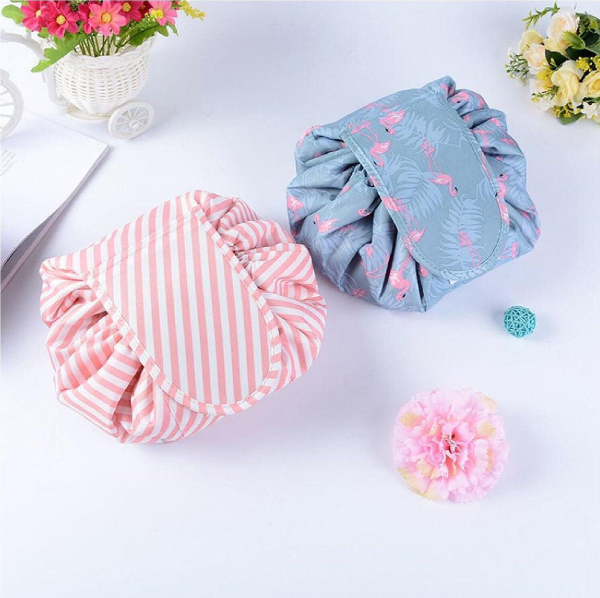Portable Travel Makeup Bag Drawstring Cosmetic Pouch Organiser - Blue White Feather - view 8