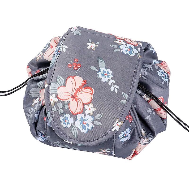 Portable Travel Makeup Bag Drawstring Cosmetic Pouch Organiser - Grey Flower