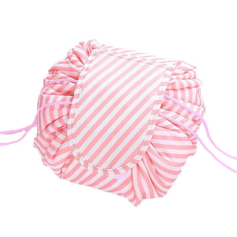 Portable Travel Makeup Bag Drawstring Cosmetic Pouch Organiser - Pink White Strip