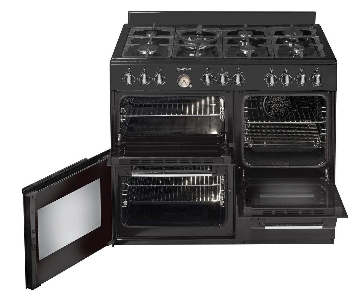 Artusi 100cm Dual Fuel Freestanding Oven - 7 Gas Burners, Two Electric Ovens, Separate Grill - AFGR1047B