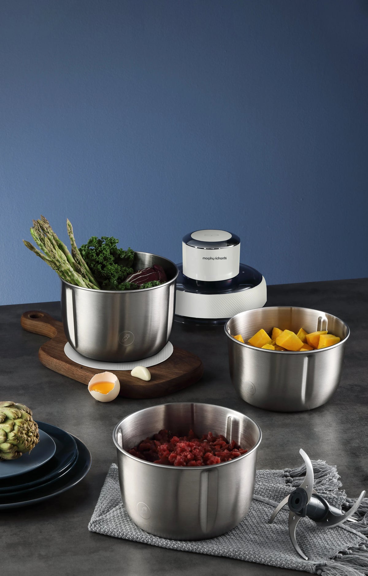 Morphy Richards Stainless Steel Chopper - 350W, Three Stackable Bowls, One-Button Operation - MRCH35WT
