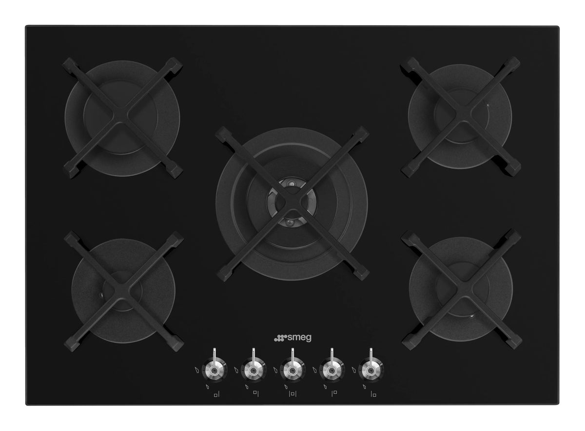 Smeg 72cm 5 Burner Gas on Glass Cooktop - Black Tempered Glass - Wok Burner - PV375NAU