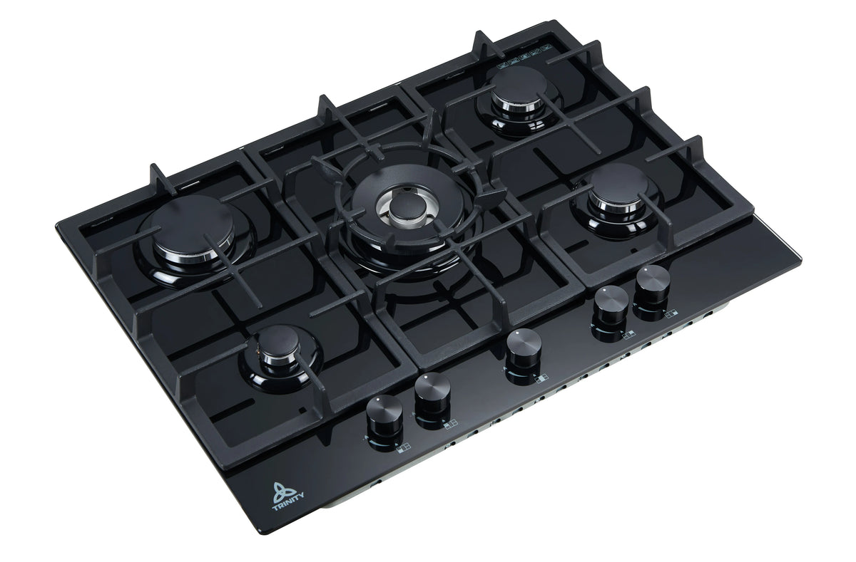 Trinity 70cm 5 Burner Gas Cooktop - Black Tempered Glass - Wok Burner - Cast Iron Trivets - TRG700BK