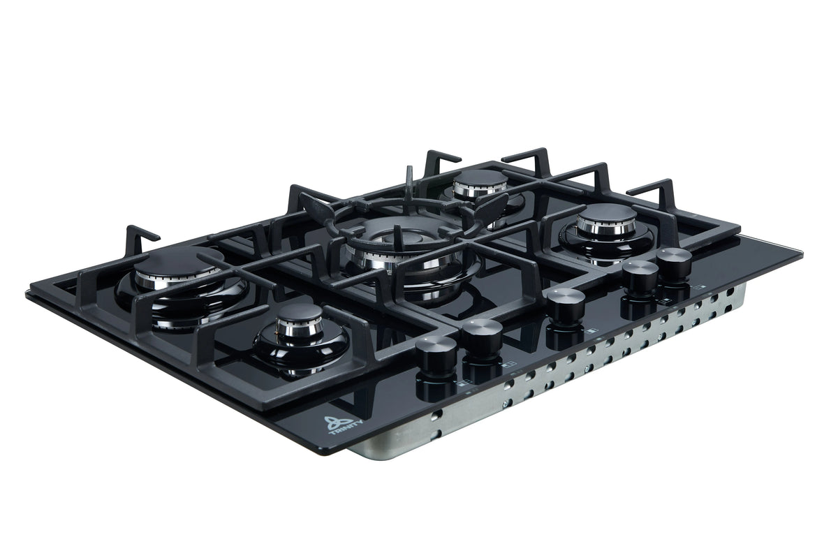 Trinity 70cm 5 Burner Gas Cooktop - Black Tempered Glass - Wok Burner - Cast Iron Trivets - TRG700BK