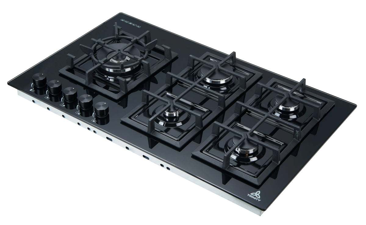 Trinity 90cm 5 Burner Gas Cooktop - Black Tempered Glass - Wok Burner - Cast Iron Trivets - TRG900BK