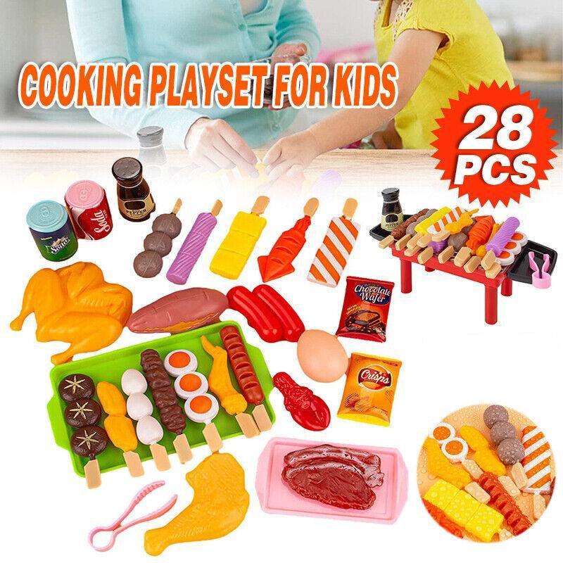 Pretend BBQ Grill Cooking Food Toy Set for Role Play, 28 Pieces