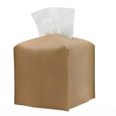 PU Leather Tissue Box Cover Holder - Tan, Medium (12.5 x 12.5 x 12 cm)