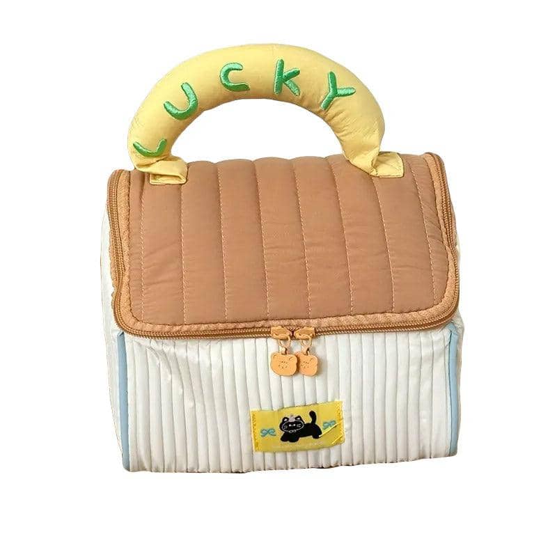 Quilted Cosmetic Bag with Top Handle, Large Capacity - Brown