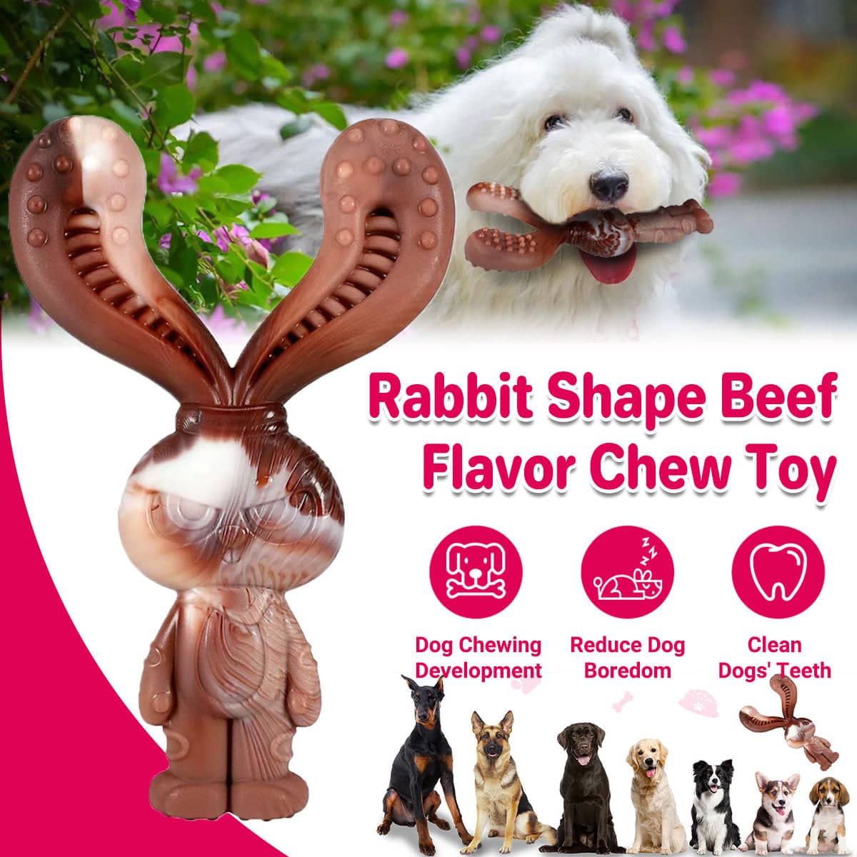 Rabbit Shaped Dog Chew Toy with Beef Flavour, Durable Nylon Teeth Cleaning Toy