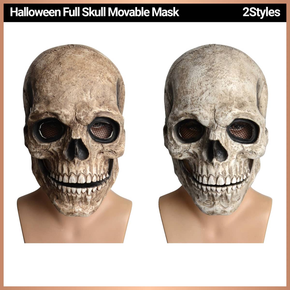 Realistic Latex Skull Halloween Mask with Movable Jaw in Bone White, Costume Party Wear - view 2