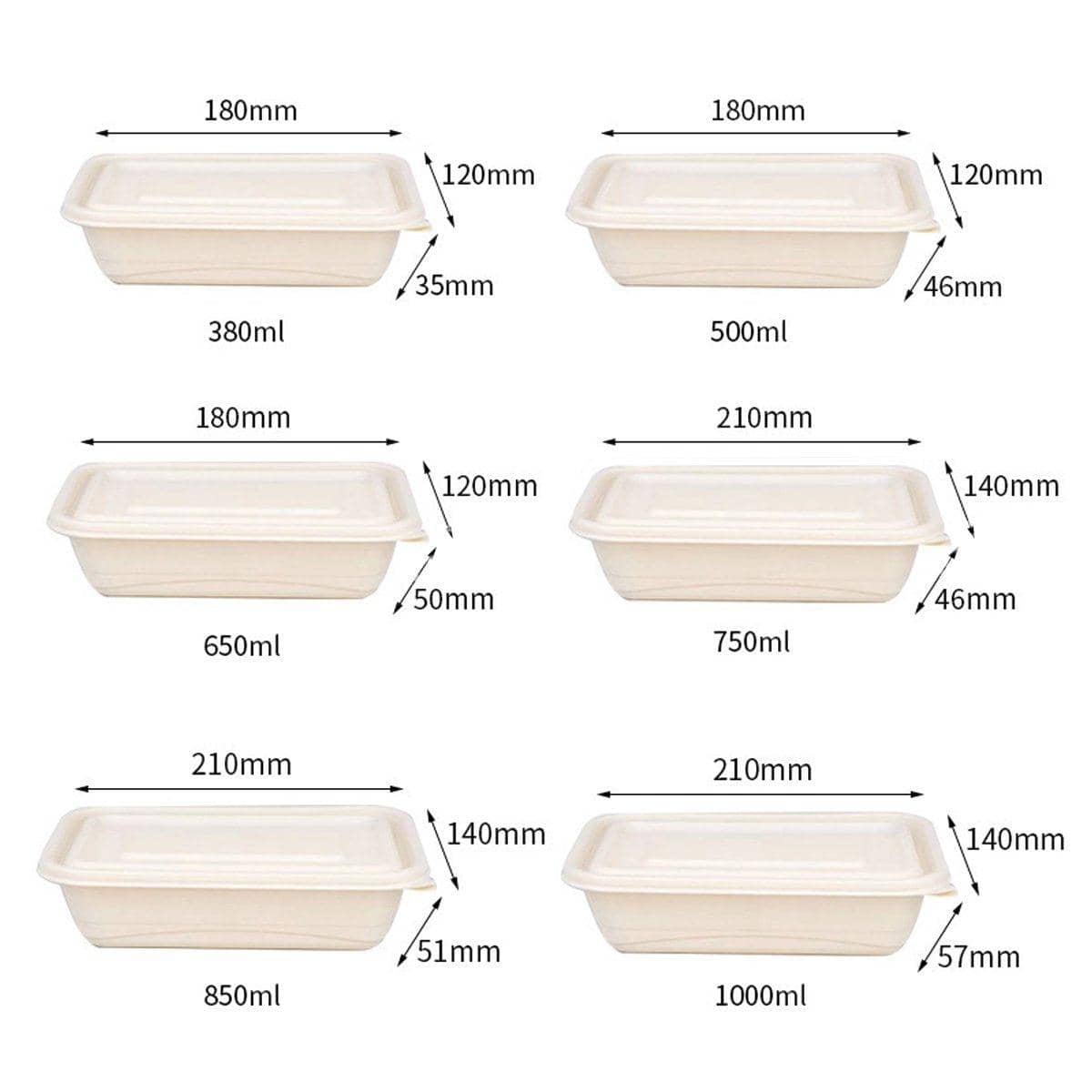 Rectangular Corn Starch Lunch Boxes with Lids, Pack of 50 - 750 ml (210 x 140 x 46 mm) - view 4