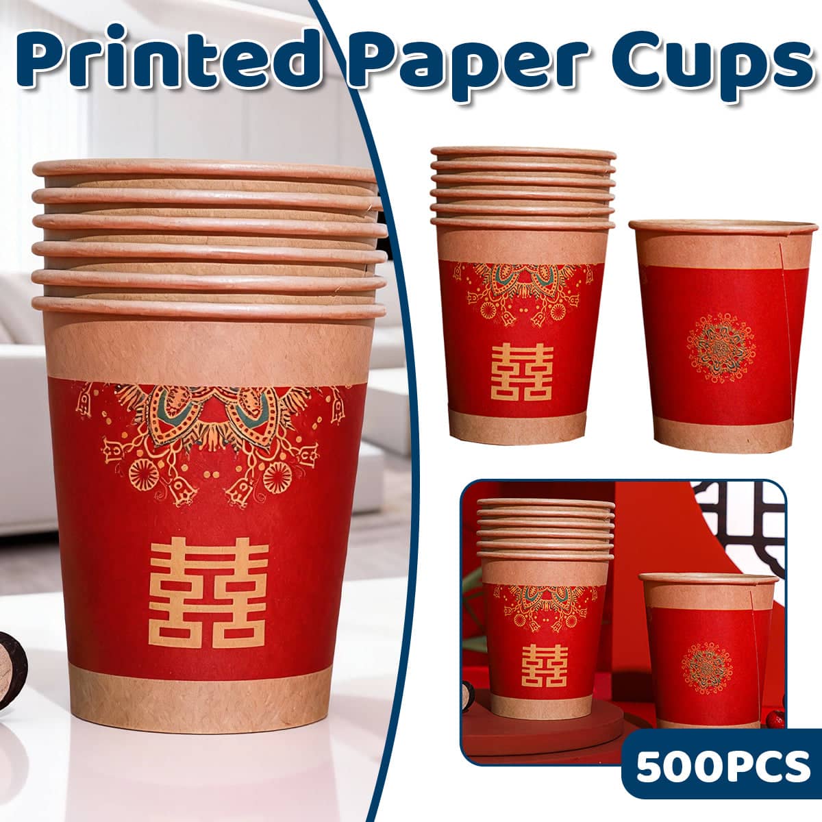 Red Wedding Paper Coffee Cups with Gold Pattern, 500 Piece for Hot and Cold Drinks