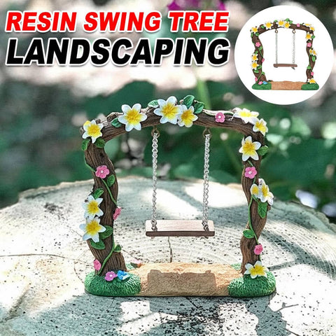 Resin Swing Tree Micro Landscape Ornament for Aquariums with Frangipani Flowers - 10 x 11 cm
