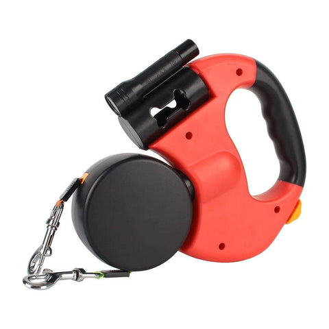 Retractable Dual Dog Lead with 360 Degree Swivel and LED Torch for Two Dogs - Red