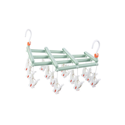Retractable Sock Drying Rack with 14 Clips - Green