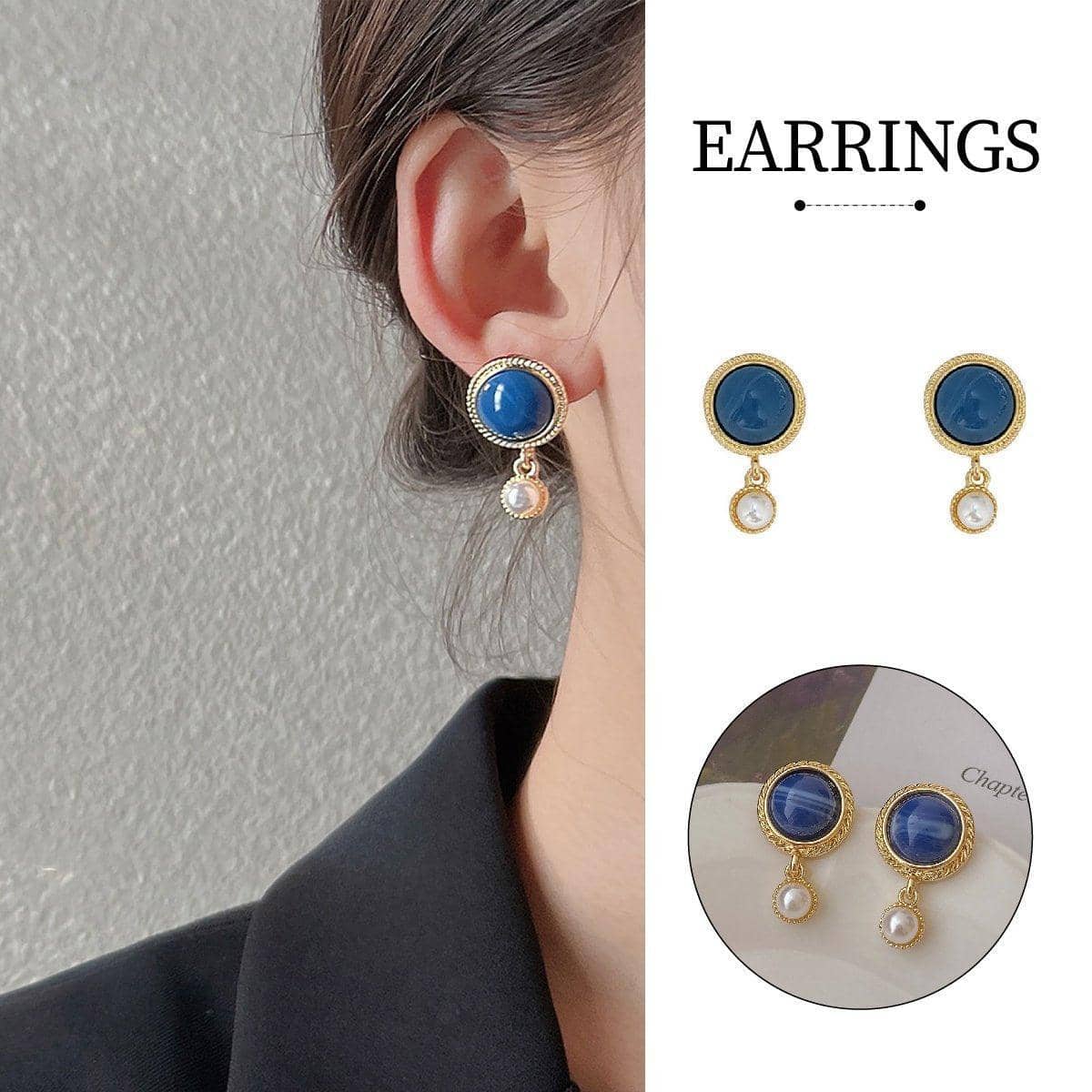 Retro Blue Oil Drop Earrings with Pearl Drop, Gold Tone Jewellery