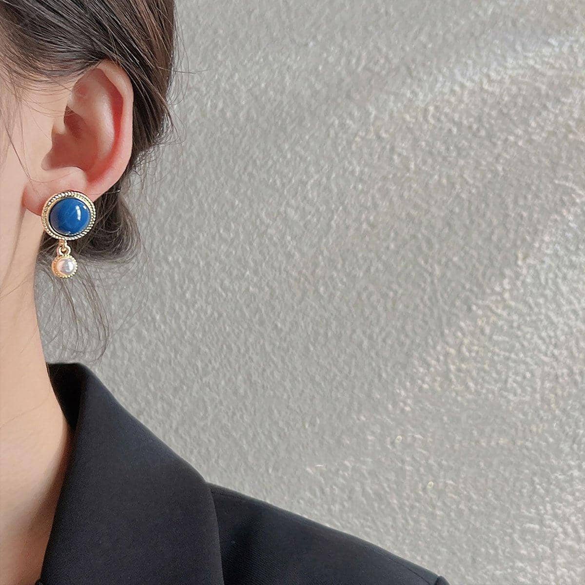 Retro Blue Oil Drop Earrings with Pearl Drop, Gold Tone Jewellery - view 5
