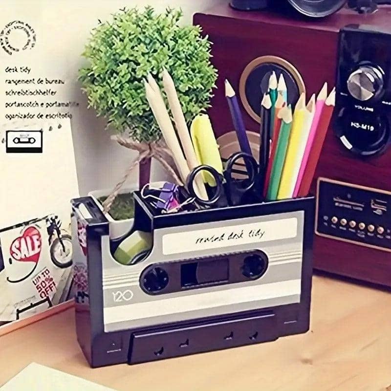 Retro Cassette Tape Pen Holder with Tape Dispenser - Light Blue and Black - view 5