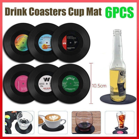 Retro Vinyl Record Drink Coasters - Set of 6, Round ABS Cup Mats for Home or Bar
