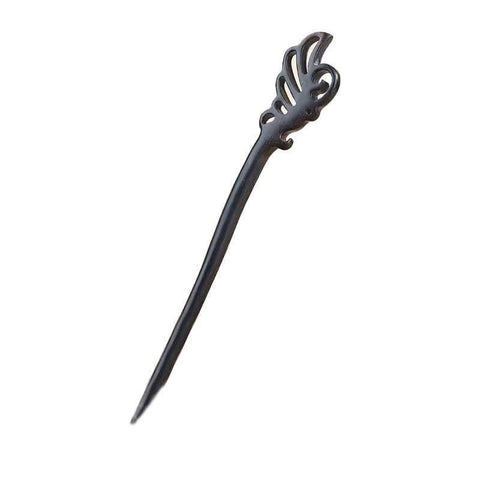 Retro Wooden Carved Hair Stick - Dark Wood, Curled Feather Top