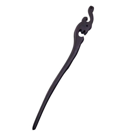 Retro Wooden Carved Hair Stick - Dark Wood, Curled Hook Top