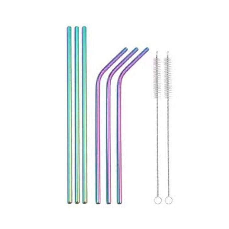 Reusable 304 Stainless Steel Straws with Cleaning Brushes - Rainbow, 3 Straight and 3 Bent Straws