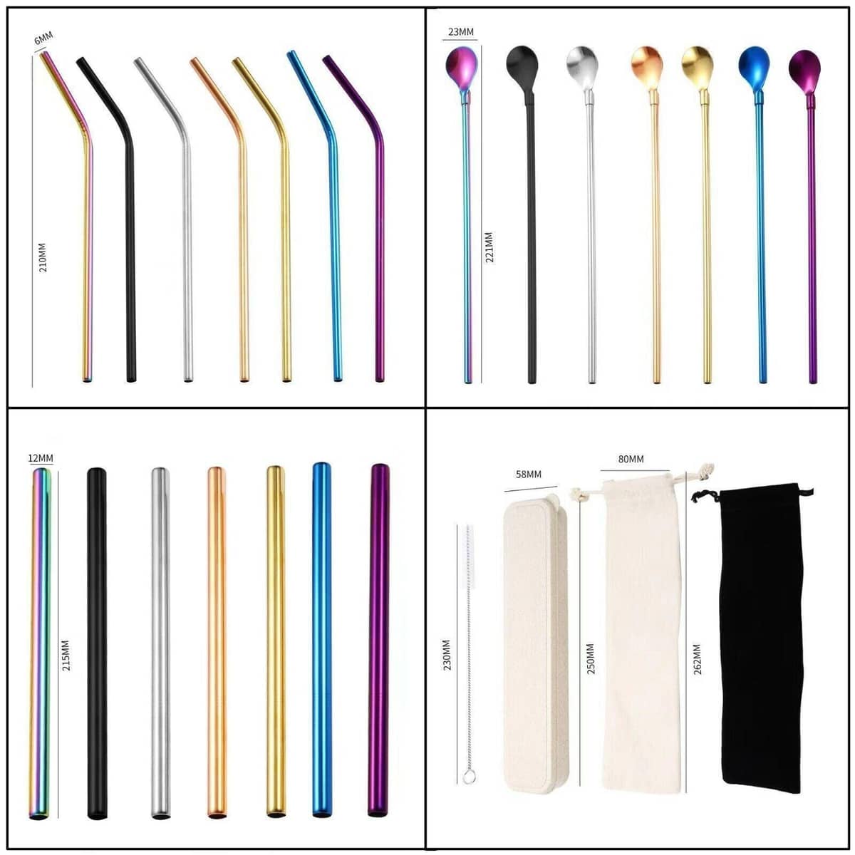 Reusable 304 Stainless Steel Straws with Cleaning Brushes - Rainbow, 3 Straight and 3 Bent Straws - view 4