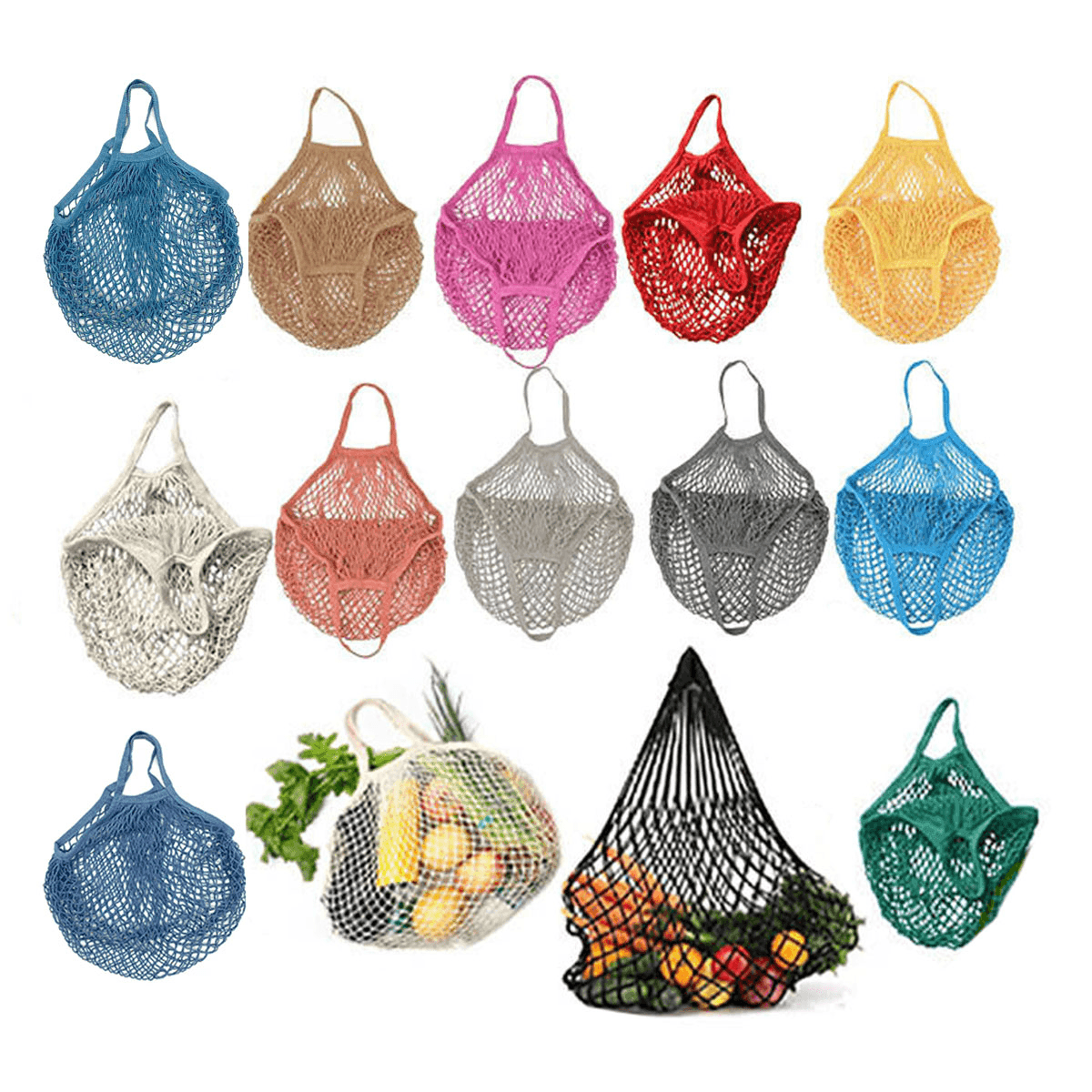 Reusable Cotton Mesh Net Shopping Bag, Foldable String Tote - Grey - view 3