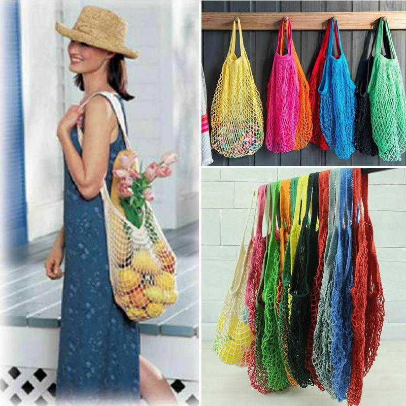 Reusable Cotton Mesh Net Shopping Bag, Foldable String Tote - Grey - view 8