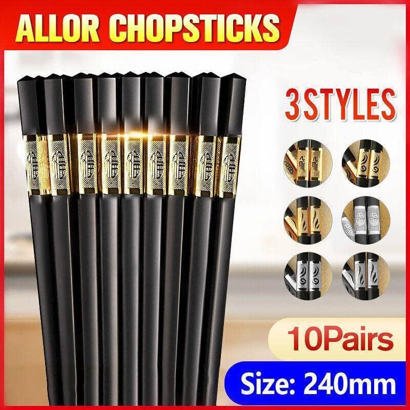 Reusable Fibreglass Chopsticks, 10 Pairs - Black with Gold Flame Swirl Band - view 2
