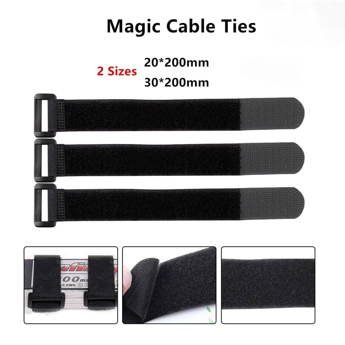 Reusable Hook and Loop Cable Ties, 20 x 200 mm - Black, Pack of 10 - view 2