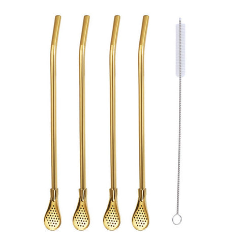 Reusable Stainless Steel Straw Spoon Set of 5 with Filter and Brush - Gold